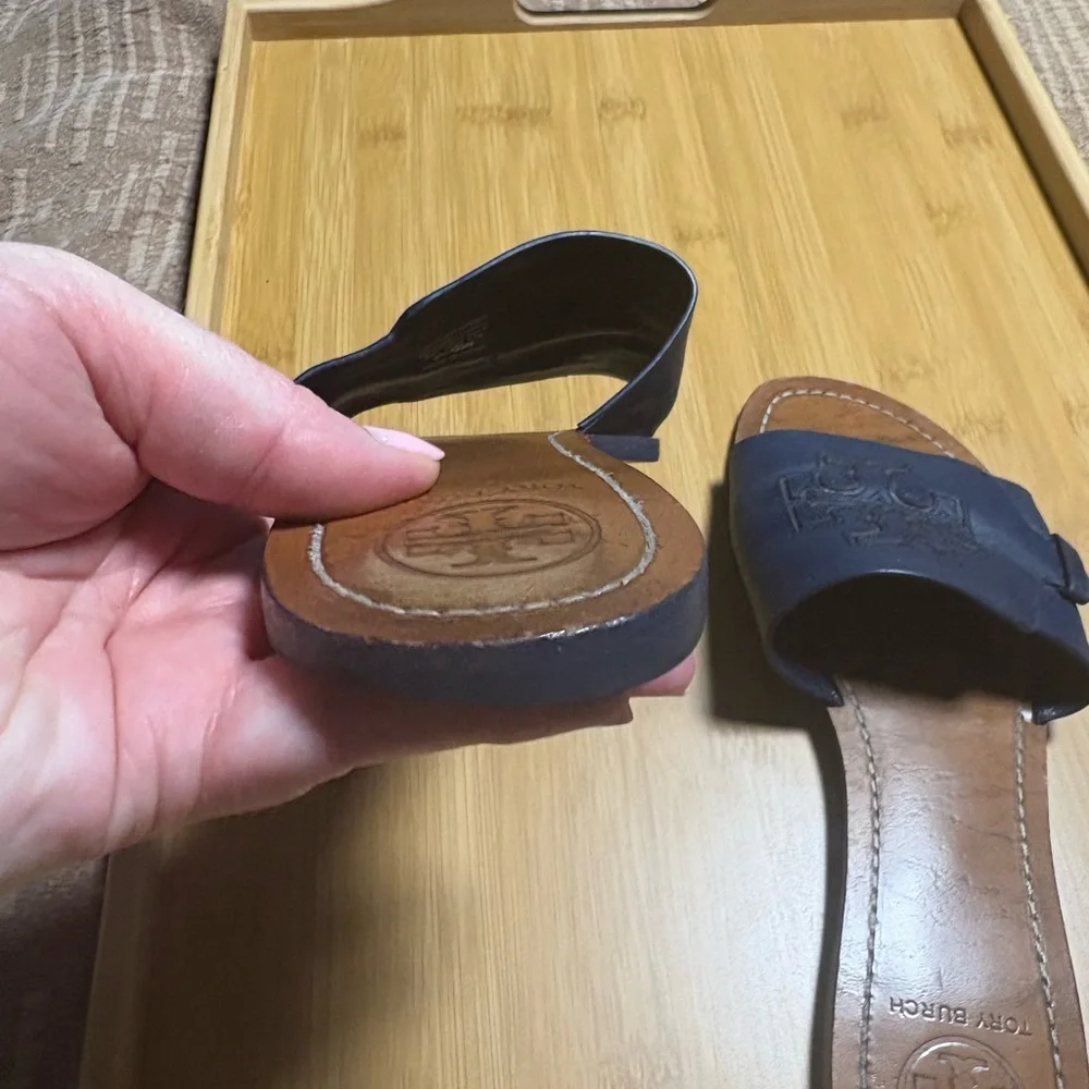 Tory Burch Navy Leather Slides - Picture 6 of 8